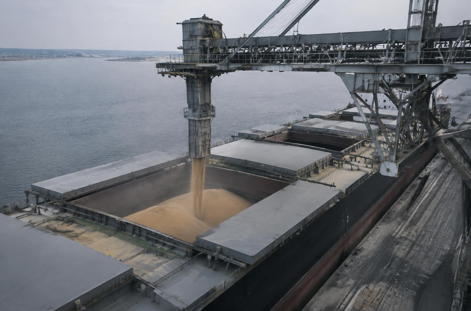 Bulk carrier being loaded with grain by a shiploader at a port terminal