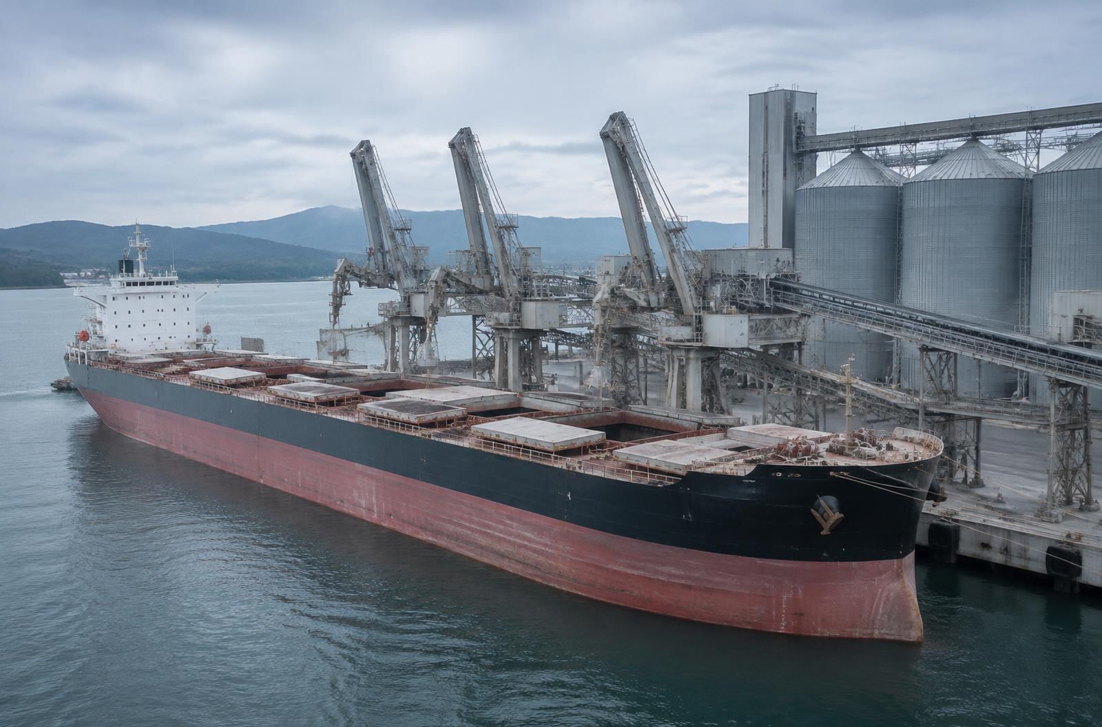 Bulk carrier berthed at a dry bulk port terminal