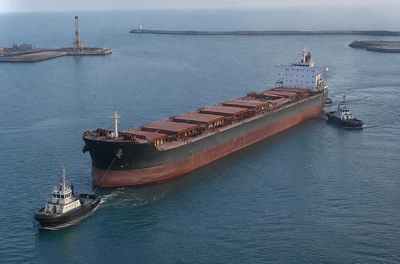 Bulk carrier maneuvering in port, assisted by two tugboats