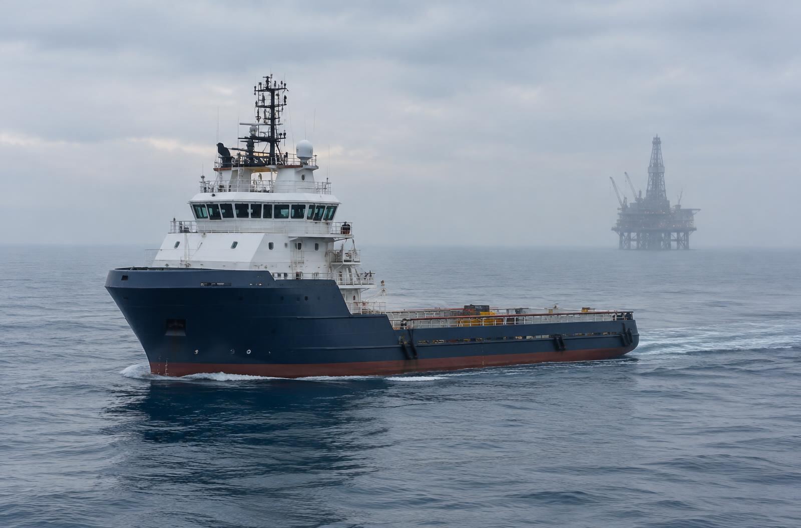 Offshore support vessel underway on calm seas, with a platform in the background