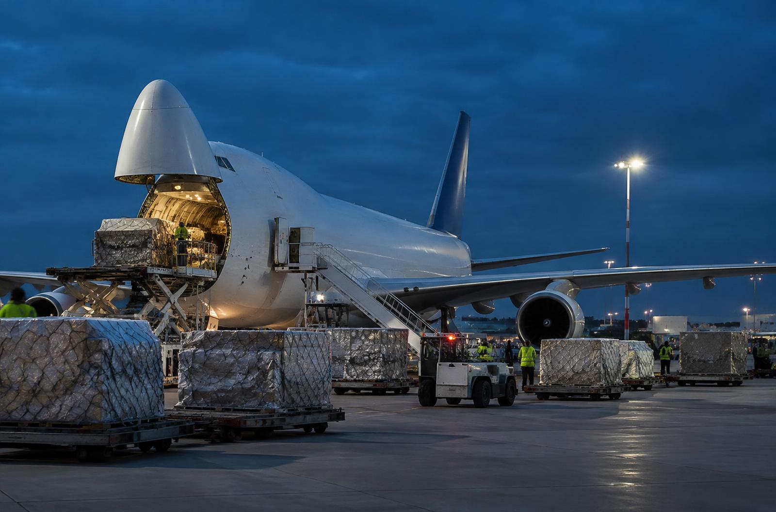 Cargo freighter aircraft being unloaded on an airport apron, with palletized cargo, a tug and ground crew